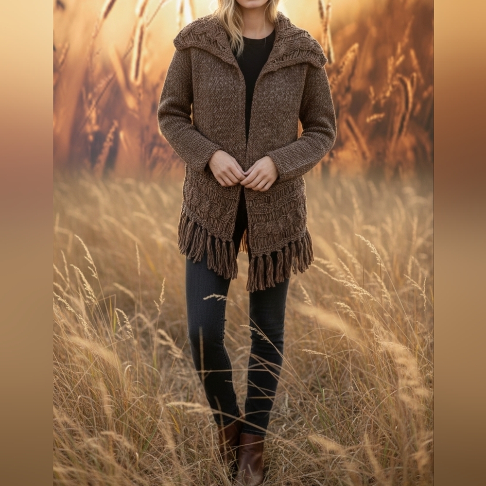 Per Una Brown Textured Cardigan with Fringe